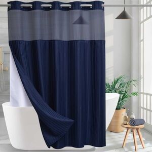 NEW Fabric Shower Curtain with Mesh Window Accent
Hook Free Removable Liner Blue